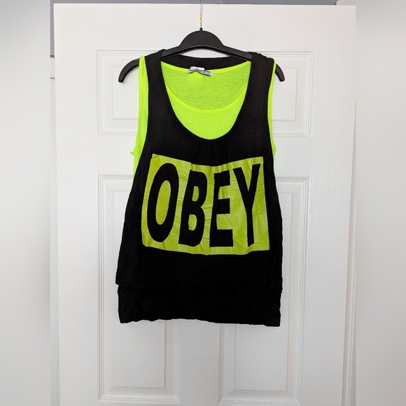 ✨HOST PICK✨Obey Black and Yellow Graphic Sleeveless Tank Top - Picture 1 of 4